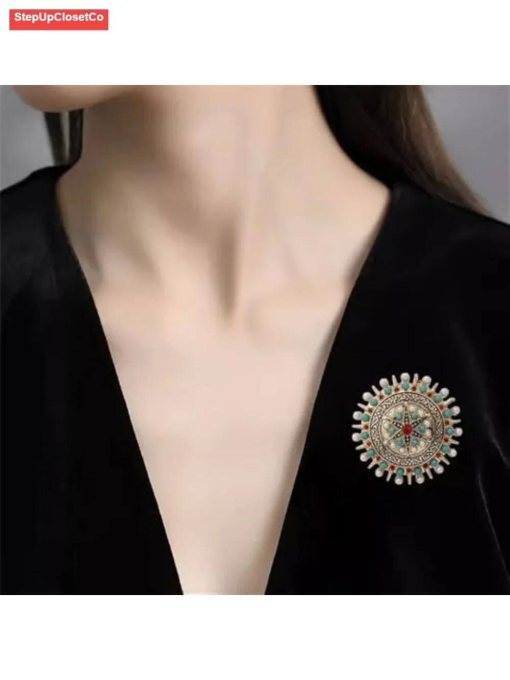 Vintage CZ Crystal Star Disc Brooch Pin Alloy Turquoise Pearl Sweater Scarf
